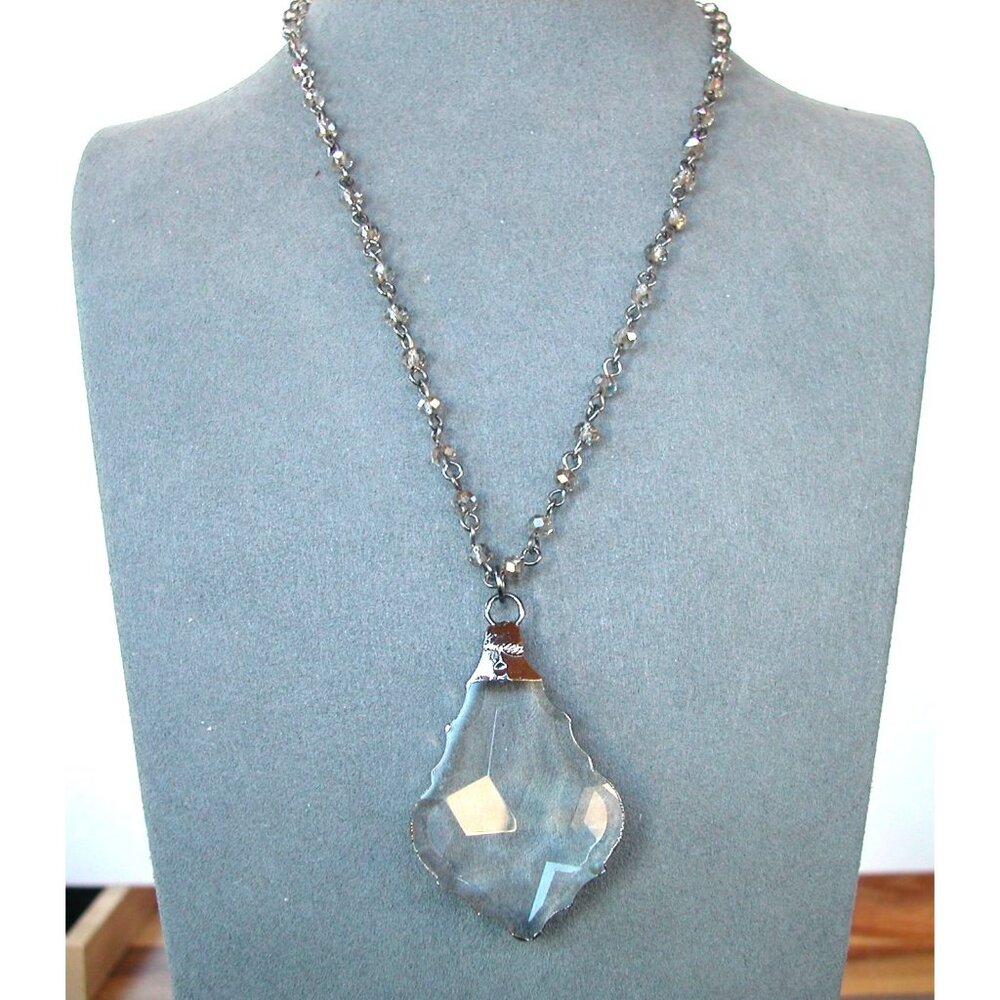 Vintage-Style Glass Pendant Necklace 18" With Lobster Clasp & 2" Clear Cut Glass